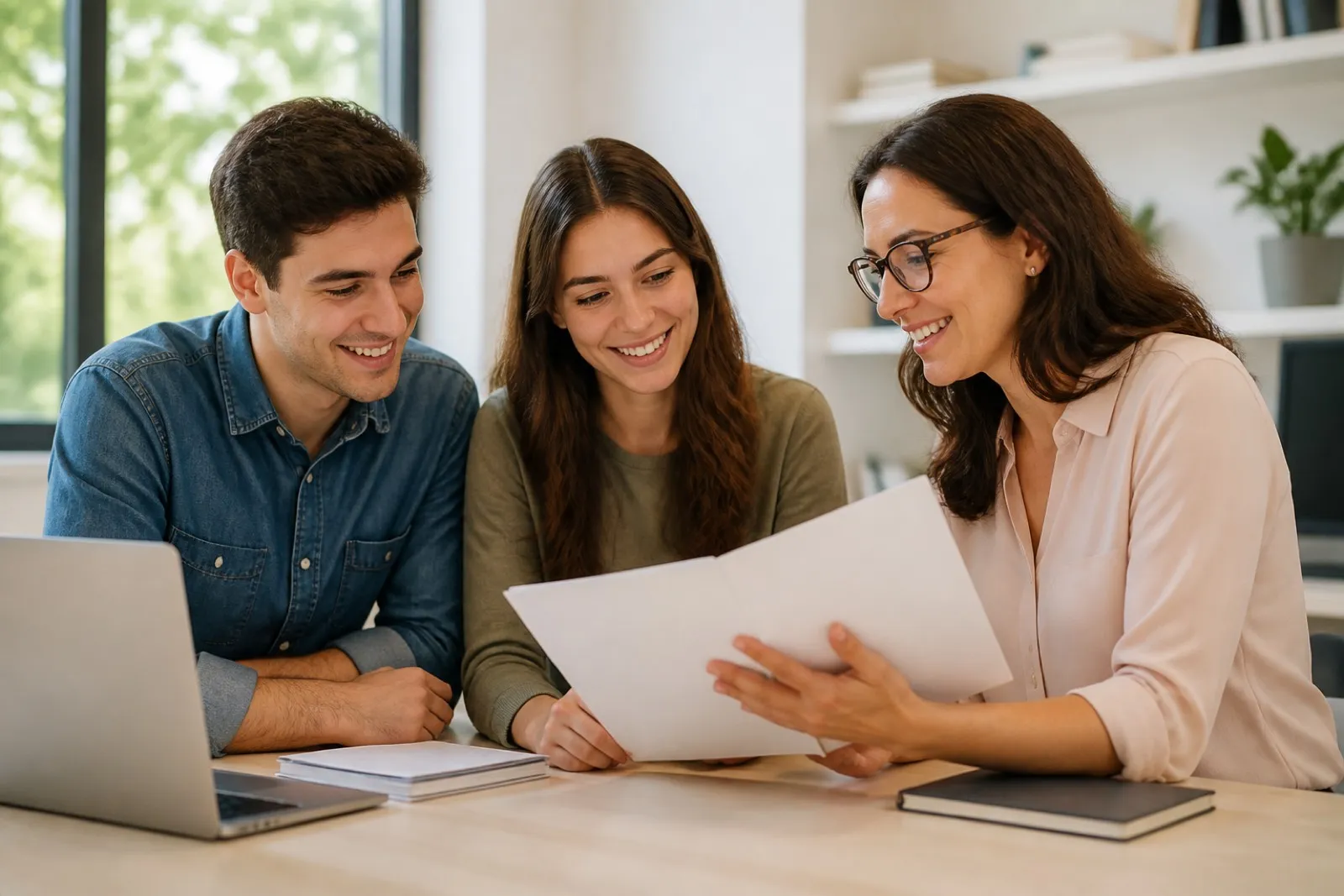 Consultora acadêmica orientando dois estudantes durante o atendimento