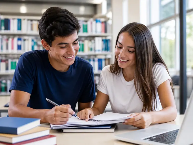 Estudantes do ensino médio estudando juntos em uma biblioteca