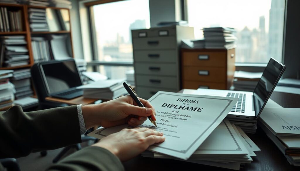 A busy office scene with a person sitting at a desk, surrounded by stacks of documents and a laptop. In the foreground, a hand is signing a diploma certificate, representing the "purchase" aspect. The middle ground features a filing cabinet and shelves filled with more diplomas, hinting at the scale of the operation. The background showcases a window overlooking a cityscape, casting a warm, natural light into the room. The overall atmosphere conveys an air of efficiency and professionalism, though with a subtle sense of unease or moral ambiguity.