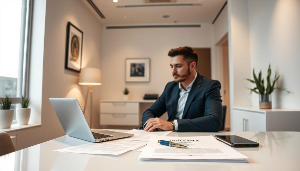 A modern, well-lit office interior with a person seated at a desk, focused on a laptop screen. On the desk, various documents, a pen, and a diploma are visible, symbolizing the process of purchasing an academic credential. The room is adorned with clean lines, minimalist decor, and neutral tones, creating a professional and trustworthy atmosphere. Soft, directional lighting illuminates the scene, casting subtle shadows and highlights to emphasize the importance of the transaction. The overall composition conveys a sense of legitimacy and confidence in the diploma purchasing process.