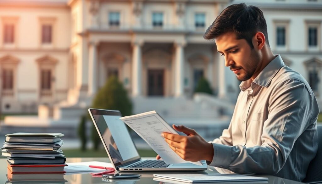 A secure process for acquiring an educational document depicted as a series of careful, deliberate steps against a serene, professional backdrop. In the foreground, a person meticulously reviewing paperwork, their expression one of focused diligence. In the middle ground, a laptop displaying relevant information, surrounded by orderly files and a calming, muted color palette. In the background, a backdrop of blurred, elegant architecture suggests an academic or institutional setting, conveying a sense of legitimacy and authority. Soft, warm lighting illuminates the scene, creating an atmosphere of measured progress and trusted protocol.