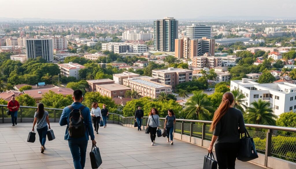 A serene cityscape of Aparecida de Goiânia, a bustling suburb of Goiânia, Brazil. In the foreground, students hurry to and fro, briefcases in hand, eager to attend the most popular courses in the area - vocational training, IT, and business management programs. In the middle ground, modern educational institutions stand tall, their facades reflecting the vibrant, dynamic energy of the city. The background is a panorama of residential neighborhoods, interspersed with lush greenery, hinting at the work-life balance that draws many to this thriving community. Soft, diffused lighting bathes the scene, creating a sense of warmth and productivity. The overall composition conveys the educational and professional aspirations of Aparecida de Goiânia's residents.