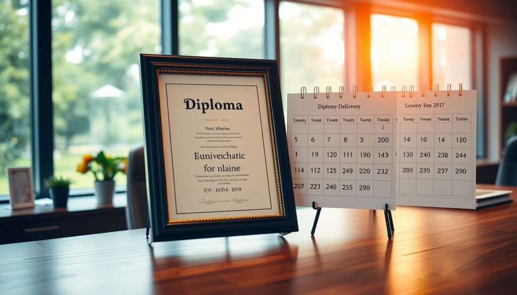 A serene office setting with a wooden desk, a diploma frame, and a calendar showcasing the delivery dates for diplomas. Warm, natural lighting filters through large windows, casting a soft glow on the scene. The diploma frame stands prominently, conveying a sense of accomplishment and recognition. The calendar displays the upcoming deadlines for diploma distribution, hinting at the organization and efficiency of the institution. The overall atmosphere is one of professionalism, attention to detail, and a commitment to timely delivery of educational credentials.