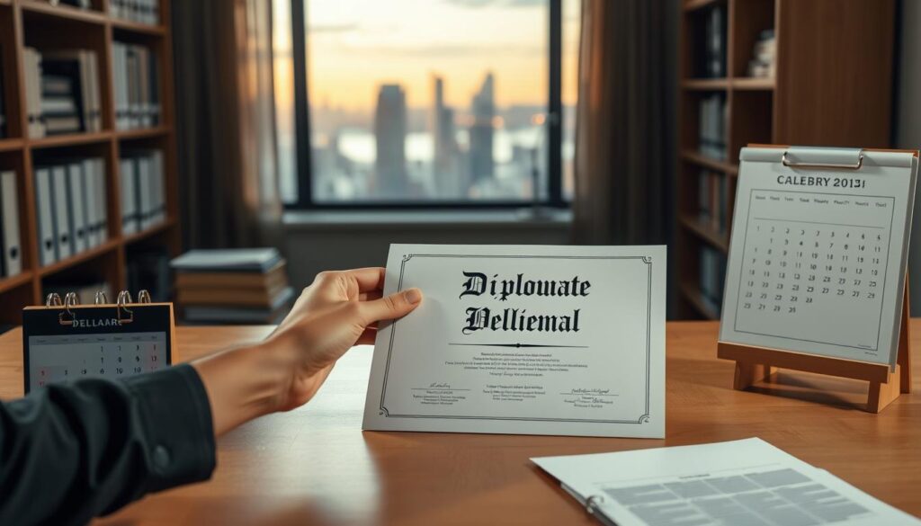 A serene, well-lit office setting with a wooden desk, a diploma prominently displayed, and a calendar showing the current month and day. In the foreground, a person's hands are carefully placing the diploma into a protective sleeve, conveying a sense of pride and attention to detail. The background features bookshelves, a window overlooking a tranquil city skyline, and subtle lighting that creates a warm, professional atmosphere. The overall composition evokes a sense of accomplishment, order, and the timely delivery of an important academic credential.