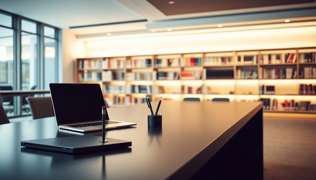 A sleek, modern office interior with a large desk and a minimalist aesthetic. On the desk, a laptop and a pen stand, symbolizing academic work. In the background, a bookshelf filled with academic texts, hinting at the educational context. The lighting is warm and focused, creating a professional and productive atmosphere. The overall scene conveys a sense of diligence, attention to detail, and a commitment to preventing academic fraud.