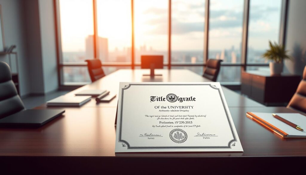 A sleek, modern office workspace with a well-organized desk showcasing a pristine, authentic university diploma. The diploma is centrally positioned, bathed in warm, directional lighting that highlights its intricate details and embossed seal. The background features a minimalist, clean-lined interior design with a large window overlooking a serene cityscape. The overall scene conveys a sense of professionalism, achievement, and the value of an official, legitimate educational credential.