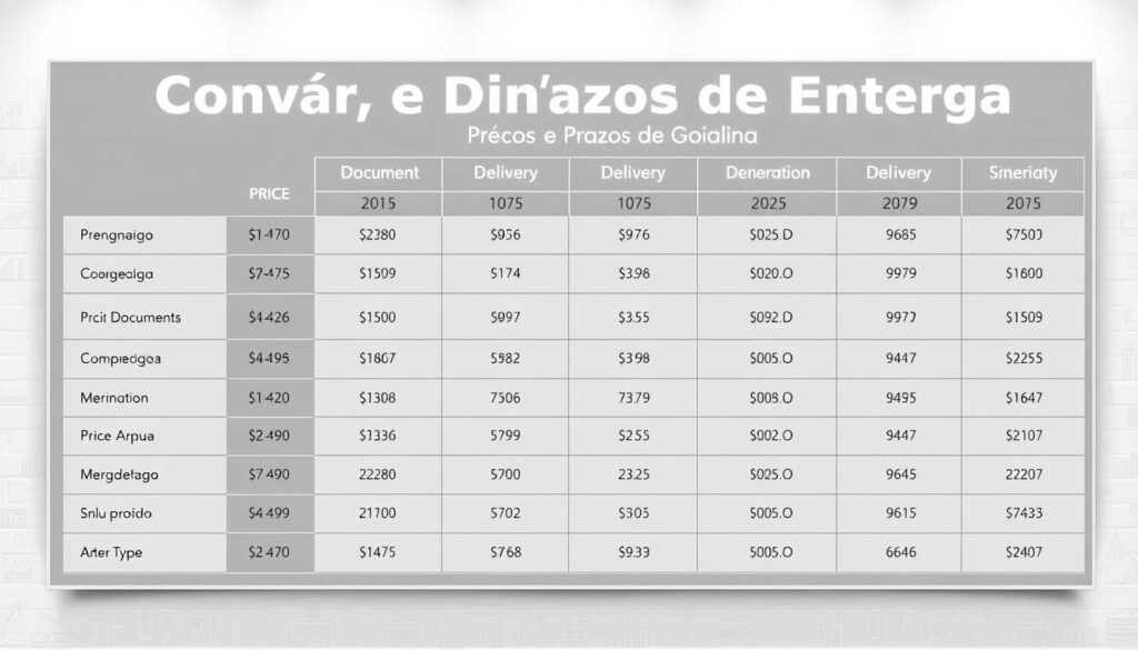 A sleek, modern table displaying a clear and comprehensive price and delivery timeline for various document types, set against a neutral, minimalist background. The table features clean lines, bold typography, and a color palette of greys and blues to convey a sense of professionalism and reliability. The layout is intuitive and easy to navigate, with well-defined columns and rows. Soft, diffused lighting illuminates the table, creating a warm and inviting atmosphere. The overall composition exudes a sense of trust and transparency, perfectly suited to illustrate the "Preços e Prazos de Entrega" section of the article "Comprar Diploma Goiânia: Guia Completo e Seguro."