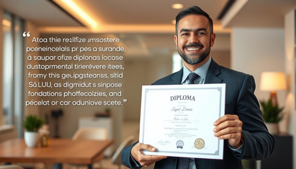 A testimonial from a satisfied customer, standing proudly holding their newly acquired diploma from "realiza diplomas" in São Luís. The document is crisp and authentic, with a seal and signature prominently displayed. The customer's expression is one of joy and accomplishment, against a backdrop of a modern, well-appointed office space. Soft, warm lighting casts a professional, aspirational atmosphere. The scene conveys a sense of trust, reliability, and the value of a genuine educational credential obtained through "realiza diplomas" in São Luís.