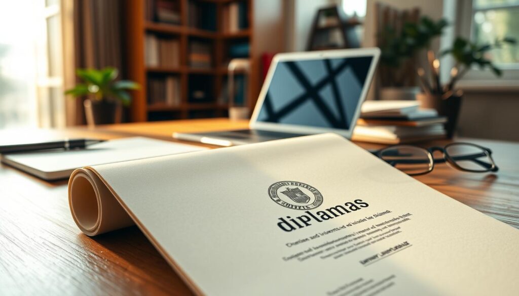 A university graduation diploma on a wooden desk, illuminated by warm lighting and cast shadows. In the foreground, the diploma is prominently displayed, its official-looking seal and embossed text conveying a sense of prestige and accomplishment. In the middle ground, a laptop, pen, and glasses suggest the scholarly environment. The background features a bookshelf, potted plant, and other academic accoutrements, creating a refined, professional atmosphere. The overall scene exudes a mood of success and achievement. The text "realiza diplomas" is discreetly printed on the diploma's corner.