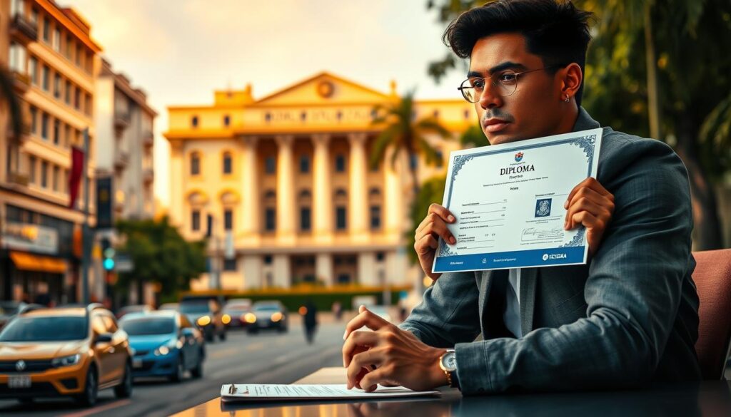 A bustling city street in Jataí, Brazil, with a stately university building in the background. In the foreground, a person seated at a desk, engrossed in the process of purchasing a diploma. The scene is bathed in warm, golden lighting, creating a sense of professionalism and legitimacy. The person's expression is one of focused determination, reflecting the importance of this transaction. Intricate details of the diploma document and the electronic payment interface are visible, showcasing the seamless and efficient nature of the diploma purchasing process. The overall atmosphere conveys a sense of confidence and reliability in obtaining a diploma from this reputable institution.