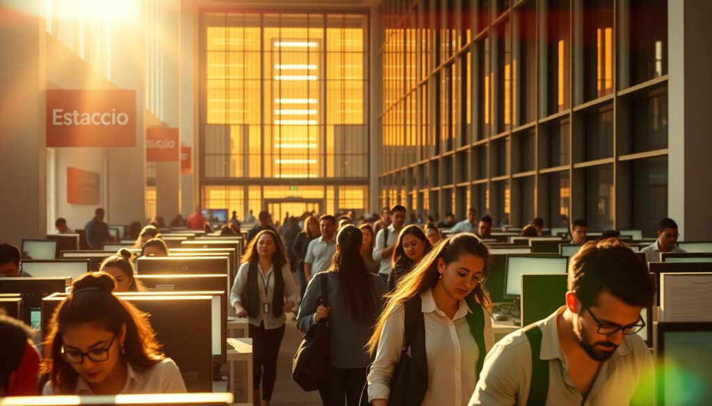 A bustling job market, captured in vibrant detail. In the foreground, people navigate a maze of workstations, their faces alight with determination. Midground, a towering atrium bathed in warm, natural light, signifying opportunity and growth. In the background, a sleek, modern facade, hinting at the prestige and reputation of Estacio University, a beacon of academic excellence. Lens flare and a shallow depth of field lend an aspirational, cinematic quality to the scene, inviting the viewer to imagine themselves as part of this dynamic, thriving professional landscape. A bustling job market, captured in vibrant detail. In the foreground, people navigate a maze of workstations, their faces alight with determination. Midground, a towering atrium bathed in warm, natural light, signifying opportunity and growth. In the background, a sleek, modern facade, hinting at the prestige and reputation of Estacio University, a beacon of academic excellence. Lens flare and a shallow depth of field lend an aspirational, cinematic quality to the scene, inviting the viewer to imagine themselves as part of this dynamic, thriving professional landscape.
