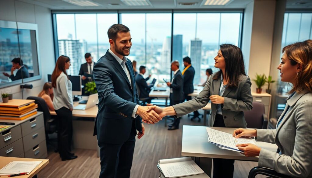 A bustling office environment, with professionals in business attire engaged in discussions and paperwork, symbolizing the legal recognition and integration of individuals in the job market. The scene is well-lit, with a warm, inviting tone, conveying a sense of professionalism and opportunity. In the foreground, a handshake between two individuals, representing the successful navigation of legal employment processes. The middle ground features desks, computers, and filing cabinets, denoting the administrative aspects of the workplace. In the background, a large window overlooking a cityscape, suggesting the broader societal context of this legal recognition. An atmosphere of collaboration, progress, and the empowerment of individuals to thrive in their chosen careers.