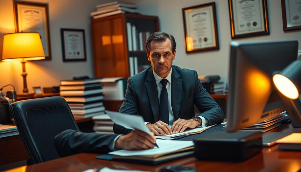 A bustling office scene in Cristalina, Brazil, where a man in a suit sits at a desk, meticulously processing diploma orders. Warm, ambient lighting casts a professional atmosphere, while a bookshelf and framed certificates adorn the background. The man's expression is focused, hinting at the step-by-step process of obtaining diplomas. Subtle details, such as a computer monitor and paperwork, convey the administrative nature of the transaction. The overall mood is one of efficiency and discretion, reflecting the sensitive nature of this service.