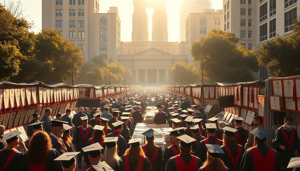 A bustling university diploma market, crowded with rows of colorful graduation gowns and mortarboards. In the foreground, merchants peddle their wares, haggling with eager customers seeking quick academic credentials. The middle ground is a maze of makeshift stalls, each displaying an array of diplomas from prestigious institutions. Warm, golden sunlight filters through the scene, casting a vibrant, almost celebratory atmosphere. In the background, towering university buildings loom, their façades a stark contrast to the informal transactions taking place below. The overall impression is one of an underground economy, where academic achievements can be readily acquired, for a price.