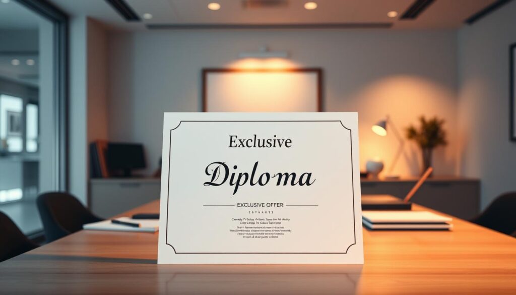 A captivating exclusive offer for a diploma, showcased against a backdrop of a modern office setting. In the foreground, a stylized diploma certificate stands out, its pristine white surface and elegant calligraphic text radiating a sense of prestige and accomplishment. The middle ground features a desk adorned with professional office supplies, casting warm, directional lighting across the scene. In the background, subtle hints of a sleek, minimalist interior design create a refined, aspirational atmosphere. The overall composition conveys a message of opportunity, success, and the chance to elevate one's status through this exclusive diploma offering.