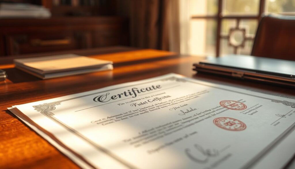 A close-up of an official, authenticated document presented on a wooden desk. The document is crisp and pristine, with a watermark visible in the background. Elegant calligraphic text and seals adorn the edges, conveying a sense of legitimacy and authority. Warm, natural lighting from a nearby window casts a soft glow, highlighting the document's intricate details. The scene evokes a sense of trust, security, and the assurance of a genuine, verified credential.