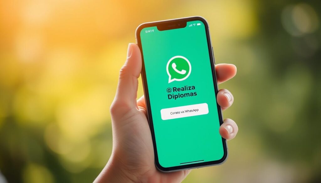 A close-up shot of a hand holding a smartphone displaying the Realiza Diplomas logo, the screen showing the WhatsApp chat interface with a "Contato via WhatsApp" message. The image has a warm, natural lighting, creating a welcoming and approachable atmosphere. The background is blurred, keeping the focus on the phone screen and the hand gesture. The composition is balanced, with the phone positioned prominently in the frame, conveying the ease and accessibility of contacting Realiza Diplomas through WhatsApp.