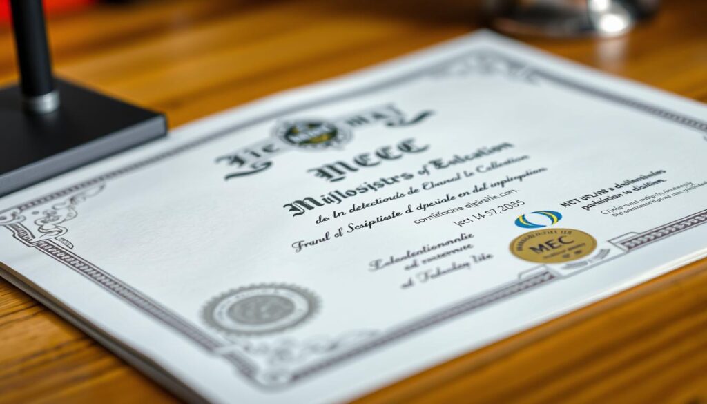 A close-up view of a diploma from the Brazilian Ministry of Education (MEC), displayed on a wooden desk with a blurred background. The diploma is authentic-looking, with intricate patterns, watermarks, and official seals, exuding a sense of legitimacy and authority. The lighting is soft and natural, accentuating the texture and details of the document. The overall mood is one of trust and confidence, reflecting the assurance that the diploma is genuine and officially recognized.
