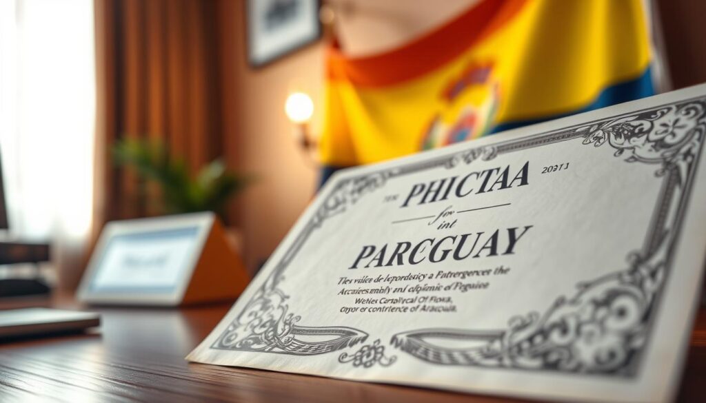 A close-up view of a doctor's medical diploma prominently displayed on a wooden desk, the certificate's intricate patterns and embossed text conveying a sense of authenticity. The diploma's edges are slightly worn, hinting at its provenance from Paraguay. Soft, warm lighting illuminates the scene, creating a professional yet tranquil atmosphere. In the background, a blurred representation of the Paraguayan flag subtly reinforces the diploma's origin. The overall composition suggests the legitimacy and legality of the medical credential, aligning with the article's exploration of the process of acquiring a medical degree in Paraguay.