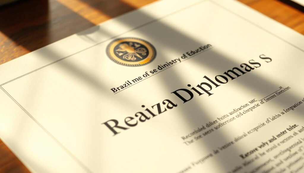 A close-up view of a recognized diploma from the Brazilian Ministry of Education (MEC), emblazoned with the "Realiza Diplomas" brand logo. The diploma is displayed on a wooden desk, bathed in warm, natural lighting that casts subtle shadows, creating a sense of depth and authenticity. The diploma's edges are crisp, and the text is legible, exuding a professional and official aesthetic. The background is slightly blurred, allowing the diploma to be the focal point, conveying the importance and legitimacy of this academic credential.