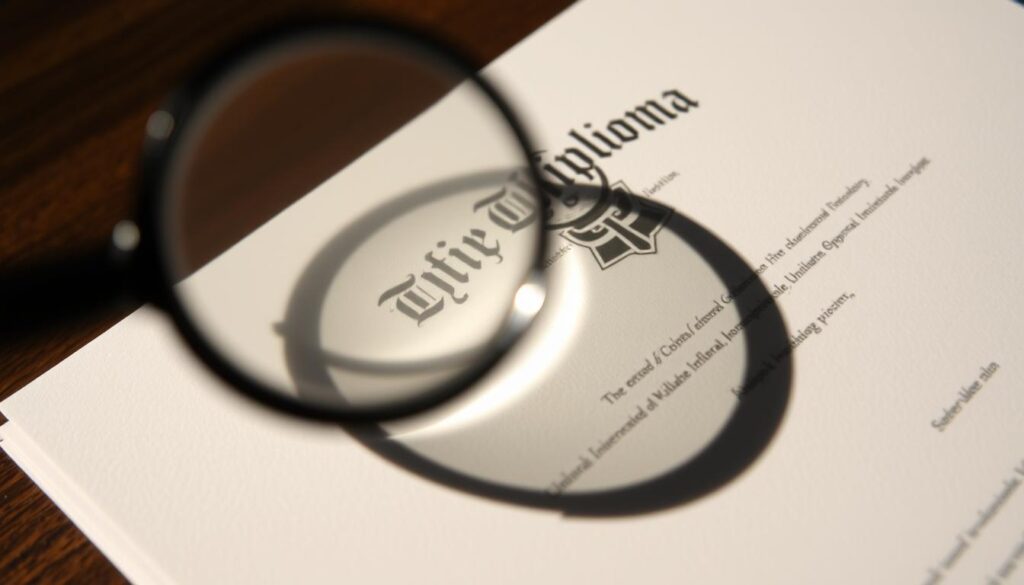 A close-up view of a university diploma being scrutinized under a magnifying glass, casting intricate shadows across the parchment's surface. The diploma's edges are crisp, the watermarks and embossed seals clearly visible, indicating its authenticity. The lighting is soft and directional, creating a sense of thoughtful examination. The background is blurred, keeping the focus on the diploma's delicate details. The overall mood is one of careful inspection, underscoring the importance of verifying the legitimacy of academic credentials.
