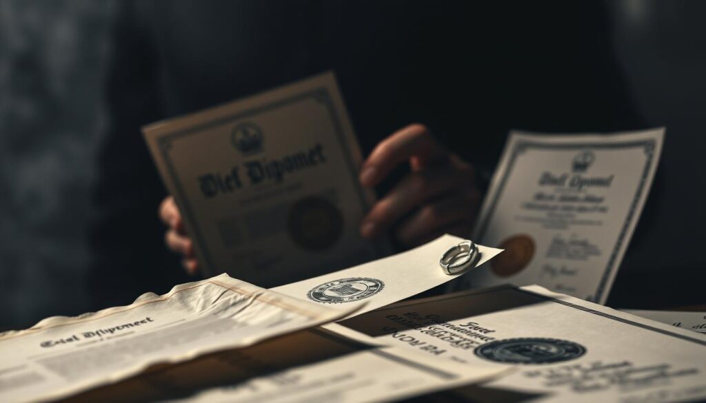 A close-up view of counterfeit documents, including falsified diplomas, certificates, and other official-looking papers. The foreground displays crumpled, worn, and tattered pages with blurred text and seals, conveying a sense of illegitimacy and unreliability. The middle ground features a shadowy, unseen hand holding the documents, evoking a clandestine, illicit transaction. The background is hazy and indistinct, creating an atmosphere of secrecy and unease. The lighting is dramatic, with stark contrasts and deep shadows, adding to the somber, foreboding mood. The overall image reflects the risks and consequences of engaging in the production or purchase of forged educational credentials.
