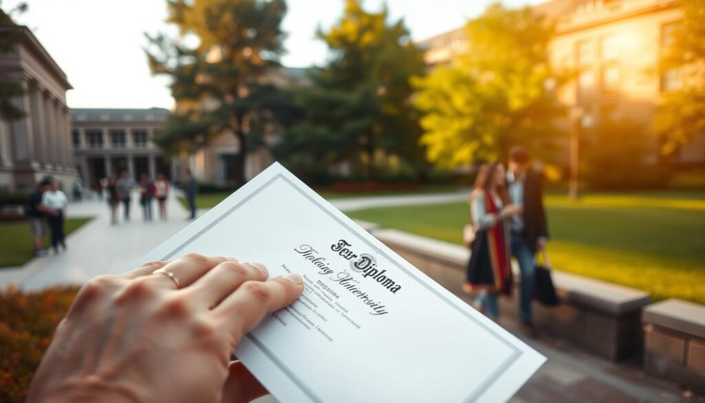 A college campus with a focus on a diploma being protected from fraud. In the foreground, a hand carefully sealing a diploma envelope, using security measures like holograms and watermarks. In the middle ground, students walking and discussing diploma authenticity. In the background, the university's grand architecture and lush greenery, conveying a sense of tradition and legitimacy. Warm, golden lighting casts a sense of security and trust. The scene is shot from a slightly elevated angle, giving an overview of the careful process of obtaining a genuine diploma.