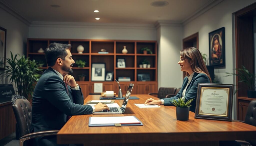 A cozy, well-lit office setting, with a wooden desk and a professional-looking person sitting behind it, assisting a client. The desk is neatly organized, with a laptop, a few diplomas displayed prominently, and a warm, inviting atmosphere. The client and the assistant are engaged in a friendly, collaborative discussion, showcasing the personalized service and attention to detail that the business offers. The lighting is soft and directional, creating a sense of professionalism and expertise. The background features subtle, elegant decor, such as bookshelves or artwork, that reinforces the establishment's commitment to quality and attention to detail.