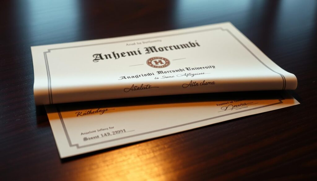 A crisp, authentic-looking diploma from Anhembi Morumbi University, its embossed seal and signatures standing out against a subtly textured parchment background. The diploma rests on a dark, polished wooden surface, casting a soft, warm reflection. Elegant calligraphy and a precise layout convey a sense of academic gravitas, while carefully considered lighting creates depth and dimension, drawing the viewer's eye to the document's intricate details. The overall atmosphere exudes a tone of legitimacy and professionalism, reflecting the seamless process of obtaining a diploma from this prestigious institution.