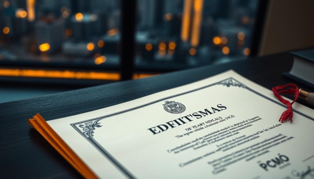 A crisp, formal diploma certificate resting on a dark wooden desk, illuminated by warm, soft lighting. The diploma's parchment-like surface reflects the prestigious nature of an Administration degree, embellished with intricate patterns and an embossed university seal. In the background, a blurred cityscape suggests the certificate's value in the thriving Brazilian business landscape. The overall mood conveys a sense of academic achievement and career-readiness, capturing the essence of the "Comprar diploma de Administração" subject.