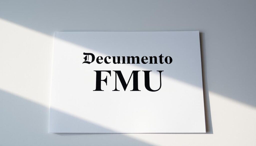 A crisp, formal-looking document with the prominent title "Documento FMU" displayed in the center. The document has a clean, professional layout with minimal design elements, conveying a sense of legitimacy and authenticity. The page is illuminated by soft, natural lighting, casting subtle shadows and highlights that add depth and dimension. The background is a plain, neutral tone, keeping the focus on the central document. The overall impression is one of a secure, official-looking credential that could plausibly be a genuine diploma from the FMU university.