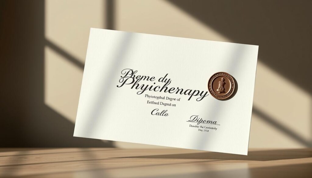 A crisp, official-looking diploma for a physiotherapy degree hovers in the center of the frame, its embossed seal and elegant calligraphy signifying its authenticity. The diploma is illuminated by soft, natural lighting, casting subtle shadows that lend depth and dimension. In the background, a backdrop of muted, professional tones creates a sense of authority and credibility. The overall composition conveys the seriousness and legitimacy of the physiotherapy qualification, emphasizing the importance of verifying its authenticity.