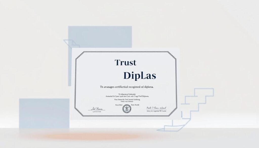 A crisp, professional diploma floating in the foreground, its edges illuminated by a warm, diffused light. Behind it, a clean, minimalist background featuring clean geometric shapes and patterns in calming shades of blue and gray, conveying a sense of trust, legitimacy, and academic excellence. The diploma's presence commands attention, while the supporting elements create a sophisticated, elegant composition that visually communicates the advantages of obtaining a recognized, MEC-registered diploma.