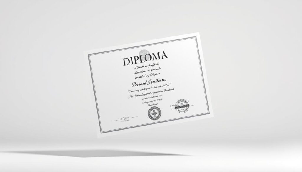 A crisp, realistic diploma certificate floating in a well-lit, minimalist setting. The diploma has a clean, formal design with embossed seals, signatures, and an official-looking logo. The paper texture appears authentic, with a slight sheen. Subtle shadows and highlights add depth and dimension. The background is a soft, neutral color that allows the diploma to take center stage. The overall composition conveys a sense of professional achievement and legitimacy, befitting the value of a technical degree in the Brazilian job market.