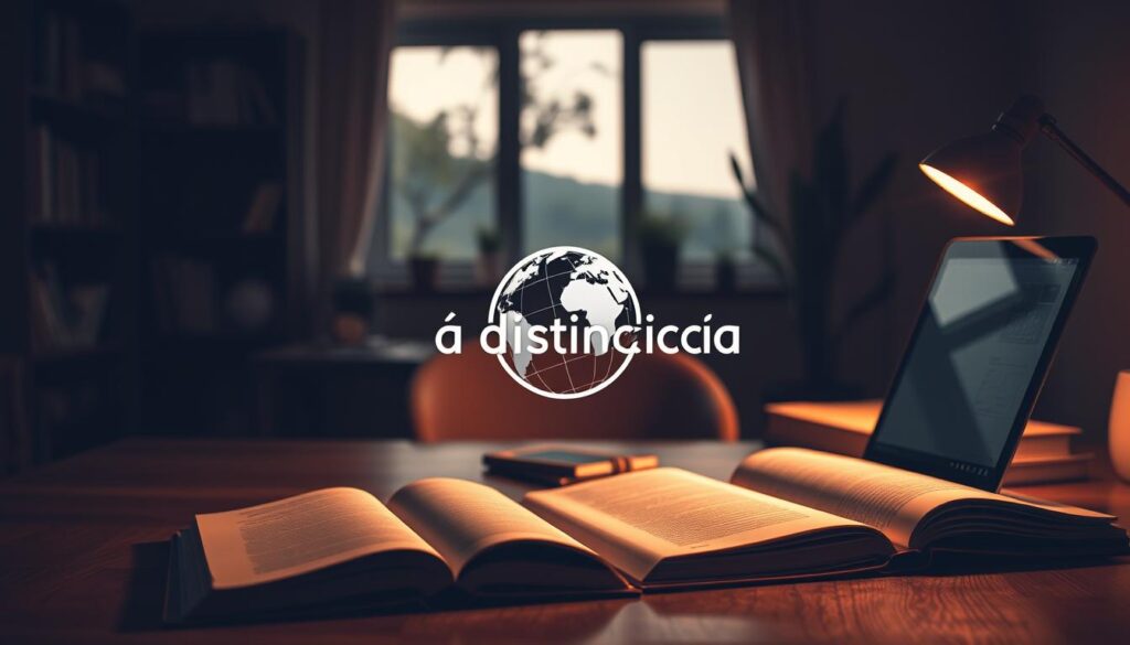 A dimly lit, cozy home office setting. In the foreground, a laptop and open textbooks on a wooden desk, hinting at a distance learning experience. The middle ground features a stylized globe, conveying the concept of "à distância" (distance). Soft, warm lighting creates an inviting atmosphere, while subtle textures and muted colors suggest a sense of focus and productivity. In the background, bookshelves and a window overlooking a peaceful, natural landscape, symbolizing the accessibility and flexibility of this online physics course. The overall scene exudes a sense of studious engagement and the comfort of learning from the convenience of one's own space.