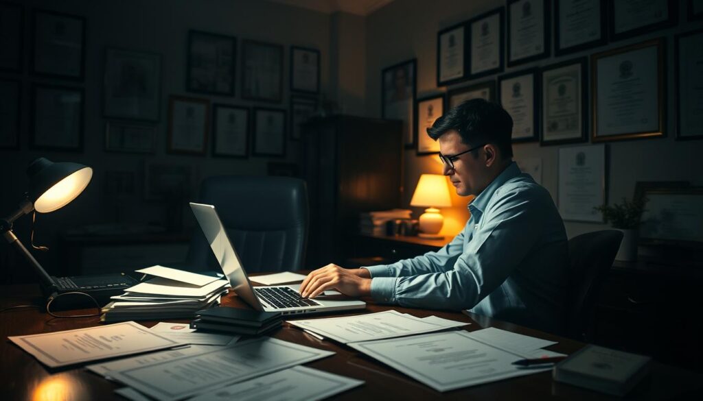 A dimly lit office scene, with a person sitting at a desk intently focused on a laptop screen. On the desk, various documents, including diploma certificates, are scattered. The office walls are adorned with diplomas, conveying a sense of academic accomplishment. Soft, warm lighting creates a cozy, yet slightly unsettling atmosphere, hinting at the complex nature of the "processo de compra de diploma" process. The scene exudes a sense of professionalism, yet with an underlying air of ambiguity, reflecting the nuanced and potentially controversial subject matter.