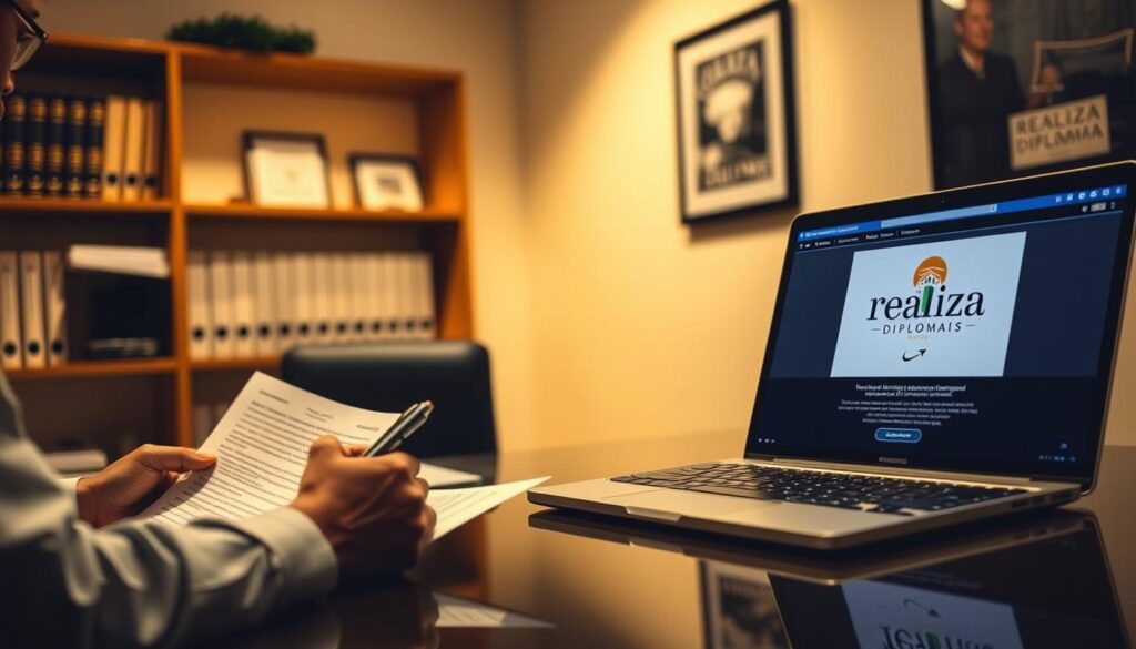 A dimly lit office setting, showcasing the process of obtaining a registered diploma from Realiza Diplomas. In the foreground, a person sitting at a desk, meticulously filling out forms and handling official-looking documents. The middle ground features a laptop displaying the Realiza Diplomas website, with its logo prominently displayed. The background suggests a sense of professionalism and legality, with shelves of books and a framed certificate on the wall. The lighting is warm and inviting, creating a comfortable atmosphere for the transaction. The overall scene conveys the ease and legitimacy of the diploma purchase process through Realiza Diplomas.