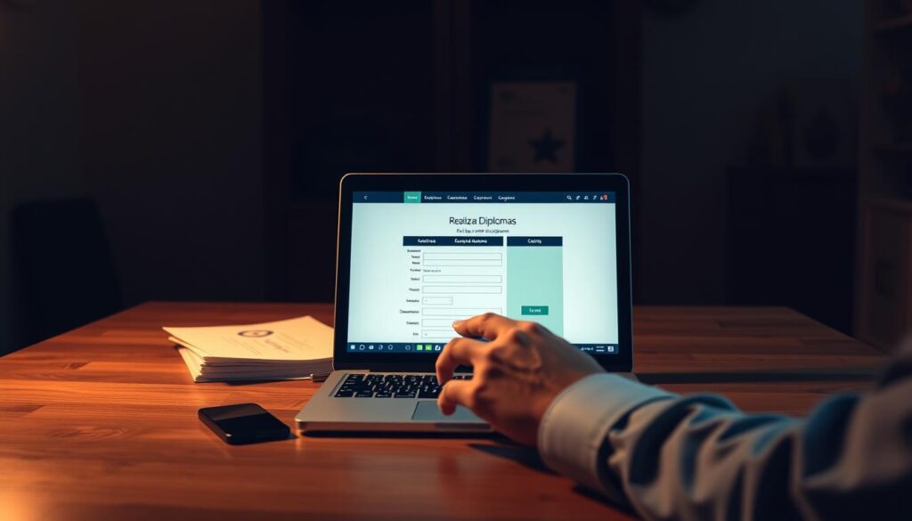 A dimly lit office space, where a wooden desk takes center stage. On it, a laptop displays the "Realiza Diplomas" website, showcasing the process of purchasing a diploma. In the foreground, a person's hands carefully navigate the online form, filling out details with a focused expression. The middle ground features a stack of official-looking documents, hinting at the legality and authenticity of the process. The background is shrouded in a soft, warm lighting, creating a sense of professionalism and trust. The overall scene conveys the secure and straightforward nature of the "Processo de compra de diploma" offered by Realiza Diplomas.