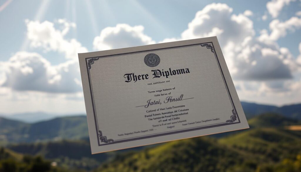 A diploma floating in a serene, sun-dappled landscape of Jataí, Brazil. The certificate's surface gleams with a subtle embossed texture, conveying a sense of prestige and accomplishment. Rays of warm light filter through fluffy white clouds, casting a soft glow over the diploma's ornate design. In the background, the rolling hills of Jataí's verdant countryside stretch out, hinting at the vibrant community and opportunities awaiting the holder of this superior academic credential. The overall mood is one of pride, achievement, and the promise of a bright future.
