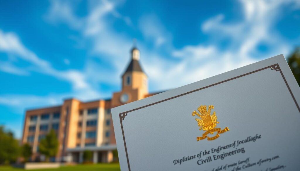 A diploma of civil engineering against a blurred background of a modern university campus. The diploma is prominently displayed in the foreground, with a warm, golden light illuminating its embossed crest and official seal. The campus buildings in the middle ground are softly out of focus, conveying a sense of prestige and academic excellence. The sky above is a deep, azure blue, with wispy clouds adding a touch of serenity. The overall mood is one of accomplishment, credibility, and the value of a recognized MEC (Ministry of Education and Culture) civil engineering degree.