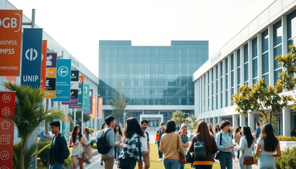 A diverse array of academic programs at the UNIP university campus, captured with a wide-angle lens and soft natural lighting. The foreground showcases vibrant signage and icons representing various fields of study, including business, engineering, healthcare, and the humanities. The middle ground features students of diverse backgrounds engaged in lively discussions, fostering an atmosphere of intellectual curiosity and collaboration. In the background, the sleek, modern architecture of the campus buildings creates a visually striking and aspirational setting, conveying the university's commitment to excellence and innovation.
