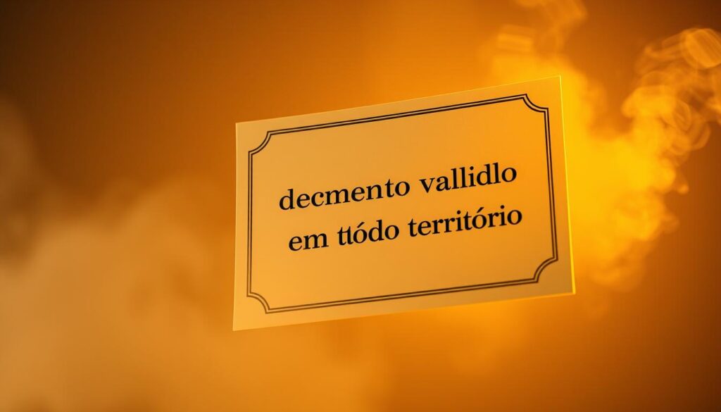 A document with the text "documento válido em todo território" floats in the center of the frame, illuminated by warm, diffused lighting. The document has a sophisticated, official appearance, with a glossy, embossed surface and clean, formal typography. It is surrounded by a subtle haze, creating a sense of depth and atmosphere. The background is a muted, neutral tone, allowing the document to take center stage. The overall mood is one of authority, legitimacy, and professionalism, reflecting the credibility and validity of the document being depicted.