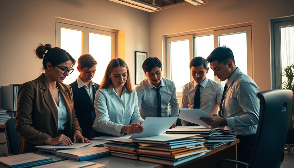A focused team of educational document specialists, dressed in professional attire, gathered around a desk covered in paperwork and diplomas. Warm, natural lighting from a large window illuminates their concentrated expressions as they meticulously review and process educational credentials. The room has a sense of orderliness and attention to detail, reflecting the team's expertise in providing authentic, registered diplomas from the Brazilian Ministry of Education (MEC). An atmosphere of professionalism and dedication pervades the scene.