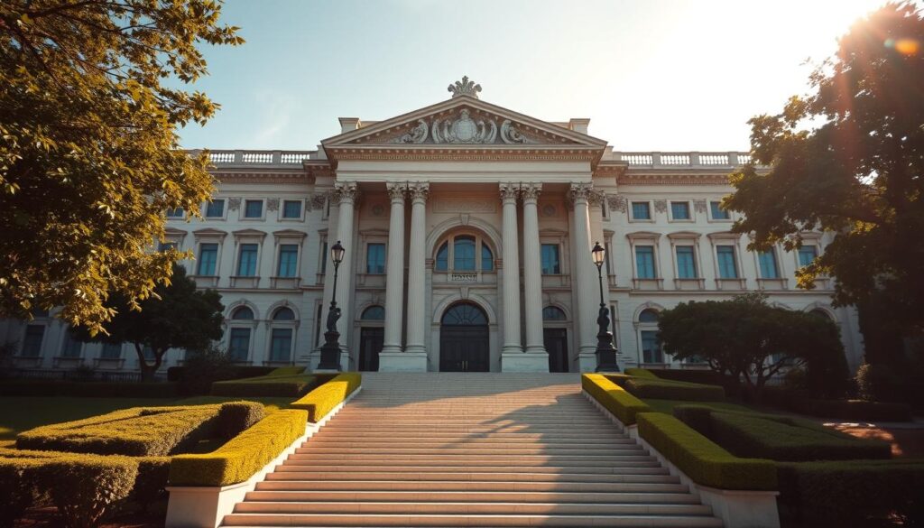 A grand, ornate campus building with a majestic facade, resplendent in neoclassical architecture. Towering columns, intricate stone carvings, and grand arched entryways create an imposing, prestigious atmosphere. Lush, well-manicured grounds surround the edifice, with neatly trimmed hedges and verdant trees casting dappled shadows. The lighting is warm and golden, evoking a sense of academic gravitas and tradition. Wide, sweeping steps lead up to the main entrance, conveying a sense of importance and authority. This is the prestigious Anhembi Morumbi university, a beacon of higher education, where one can obtain a respected diploma through discreet and efficient means.
