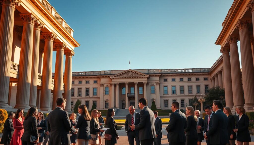 A grand, ornate university campus set against a clear blue sky, with towering columns and grand archways leading to a majestic central building. In the foreground, a group of students in formal attire, some shaking hands with professors, others deep in discussion, conveying the sense of prestige and opportunity that a &quot;Realiza Diplomas&quot; degree from this prestigious institution provides. Warm, golden lighting illuminates the scene, creating a feeling of elegance and achievement. The image should evoke the benefits of a higher education diploma, including career advancement, intellectual growth, and the prestige associated with this level of academic accomplishment.