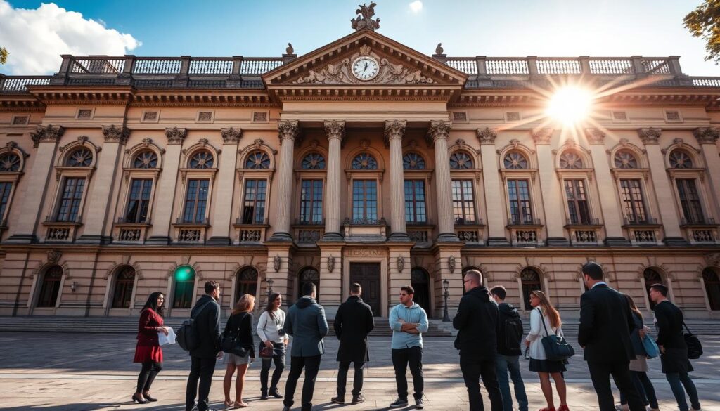 A grand, stately building stands tall, its façade adorned with intricate carvings and majestic columns. Sunlight streams through the ornate windows, casting a warm glow on the surrounding grounds. In the foreground, a group of students in formal attire gather, discussing the significance of the structure before them - the embodiment of higher education and the laws that govern it. The scene conveys a sense of gravitas and intellectual rigor, reflecting the seriousness of the topic "A Legalidade de Comprar um Diploma." The overall atmosphere evokes a sense of tradition, authority, and the importance of adhering to established educational standards.