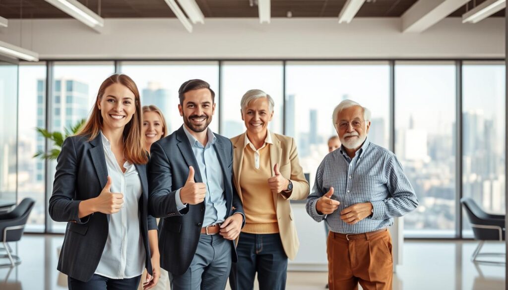 A group of cheerful, satisfied customers standing in a well-lit, modern office space. In the foreground, three individuals - a young professional, a middle-aged executive, and an elderly retiree - smile warmly and give a thumbs-up, conveying their positive experience. The middle ground features a reception desk with a friendly staff member assisting a customer. In the background, a large window offers a view of a bustling city skyline, adding a sense of professionalism and success. The overall scene exudes a mood of trust, reliability, and customer satisfaction.