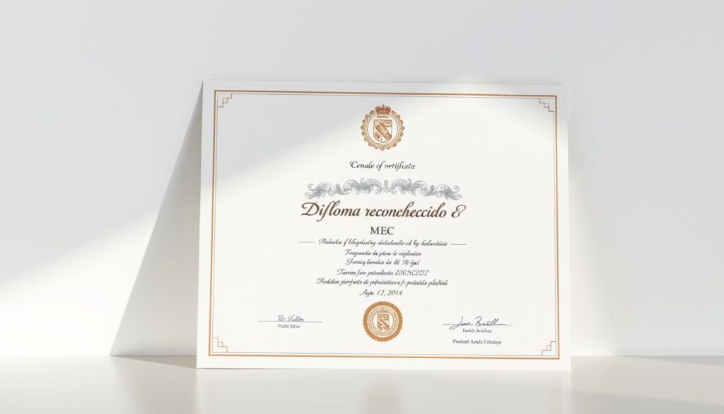 A high-quality, detailed diploma certificate displayed prominently against a clean, neutral background. The diploma's front cover features the emblem and name "Diploma reconhecido MEC" in a classic, formal font. The paper has a premium, textured finish, conveying a sense of legitimacy and prestige. The diploma is lit from the side, creating soft shadows that accentuate the tactile qualities of the document. The angle is slightly tilted, giving the image a dynamic, editorial feel. The overall mood is one of official recognition and academic achievement.