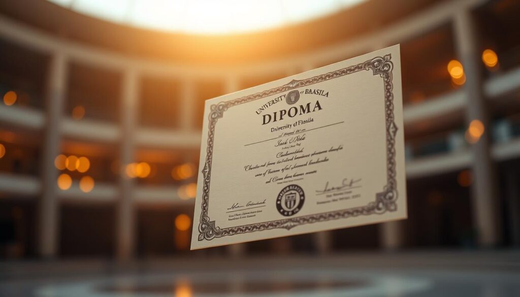 A high-quality diploma from the prestigious University of Brasilia (UNB) floating in the air, bathed in a warm, golden light that casts a subtle glow. The document is elegantly designed, with intricate patterns and official seals, exuding a sense of prestige and authenticity. The background is a blurred, out-of-focus scene, allowing the diploma to take center stage and command attention. The overall composition conveys a feeling of exclusivity and accomplishment, as if the viewer is being granted access to this coveted academic credential.