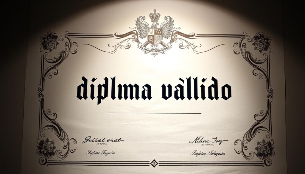 A high-quality, official-looking diploma with the text "diploma válido" prominently displayed in the center. The diploma should have a formal, professional appearance, with an intricate design featuring ornate calligraphic elements, seals, and other decorative features that convey a sense of authenticity and legitimacy. The diploma should be lit from above, creating soft, even shadows that accentuate the textured surface and lending an air of gravitas. The background should be a neutral, muted tone that allows the diploma to take center stage, with minimal distractions. The overall impression should be one of a legitimate, government-issued document suitable for display in a professional setting.